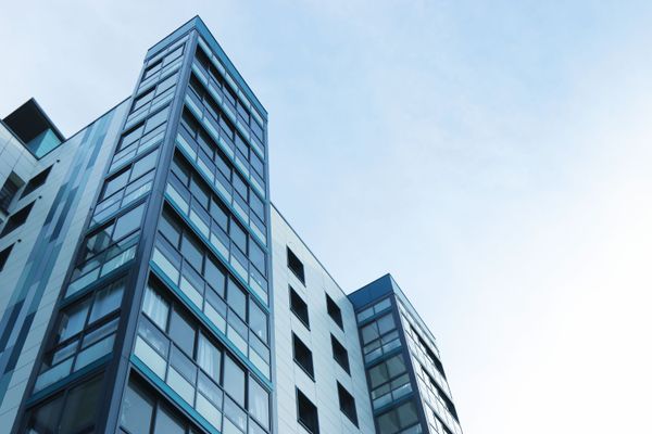 Commercial office building served by rooftop HVAC equipment